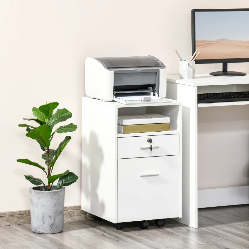 Vinsetto Mobile File Cabinet, Lockable Filing Cabinet with Wheels, Drawers and Open Compartment for Home Office, White