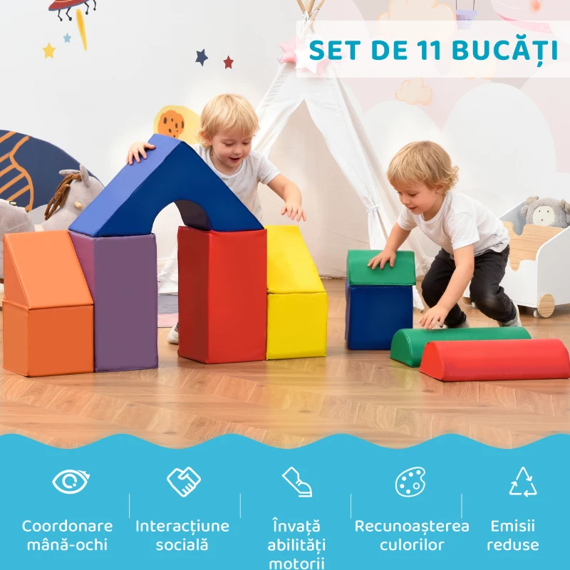 HOMCOM Set de Construcții Moi pentru Copii de la 1-3 Ani cu 11 Forme, din PU și EPE, Culori Variate