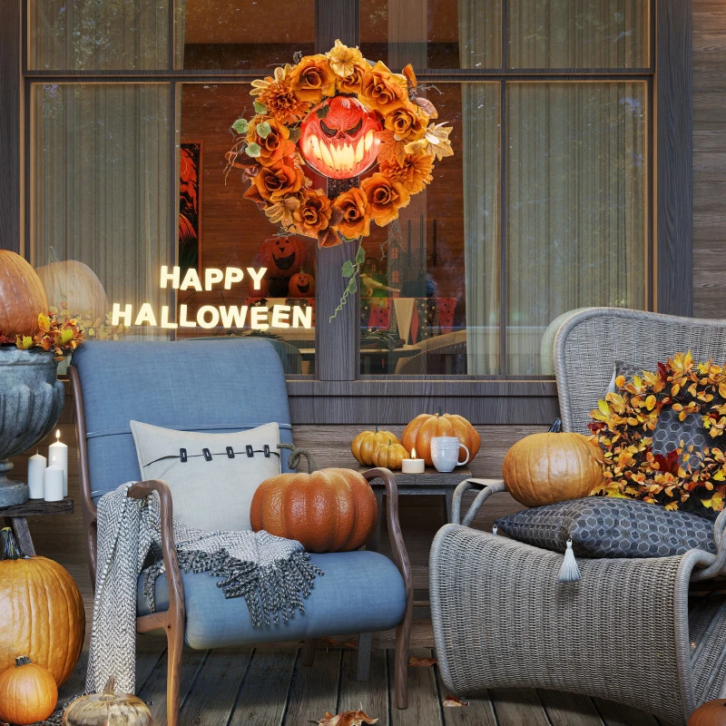 Outsunny Halloween-Kranz, Grusel-Kürbis-Design, Herbstblätter, Lichteffekte, Kunststoff
