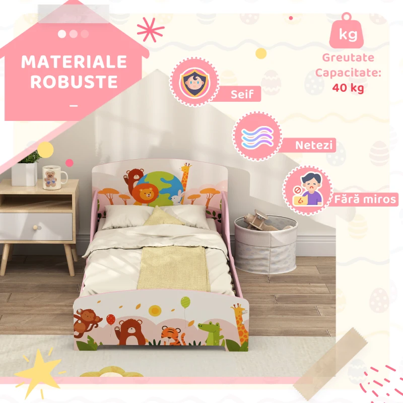 AIYAPLAY Pat pentru copii de la 3+ ani din lemn, cu margini ridicate și balustrade de siguranță, 143x77x60 cm, roz