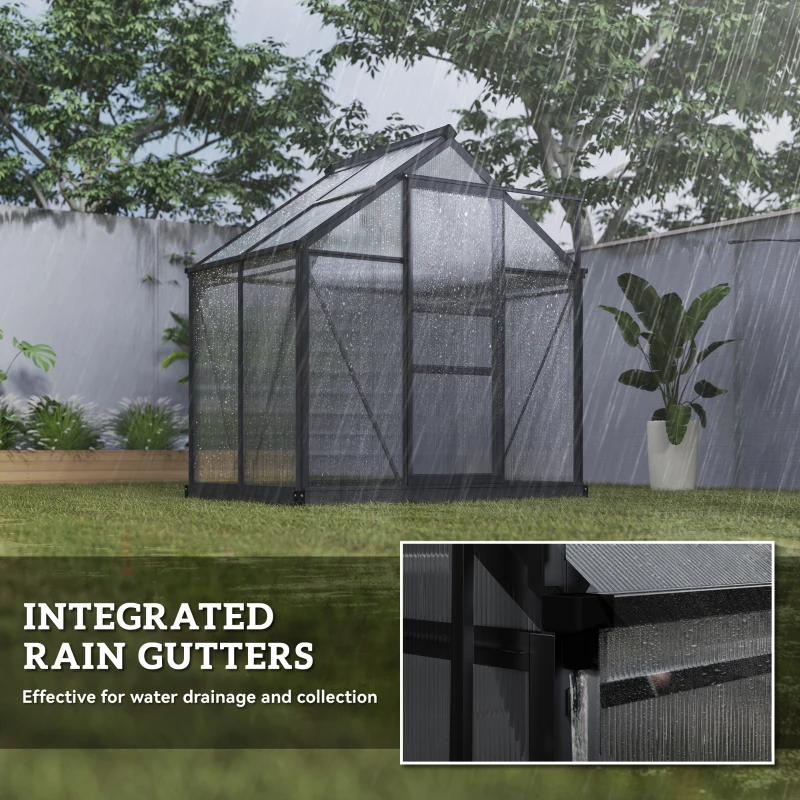 Outsunny 6 x 4ft Polycarbonate Greenhouse - Large Walk-In Green House with Sliding Door and Window, Garden Plants Growth House with Aluminium Frame and Foundation, Grey(m-7)