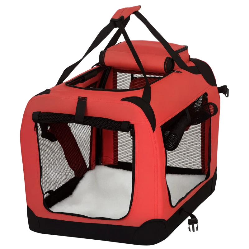 PawHut Foldable Pet Carrier for Small and Miniature Dogs, Portable Cat Carrier Soft Side Pet Travel Crate with Removable Mat, Storage Bags, Breathable Mesh Window 60 x 42 x 42cm - Red