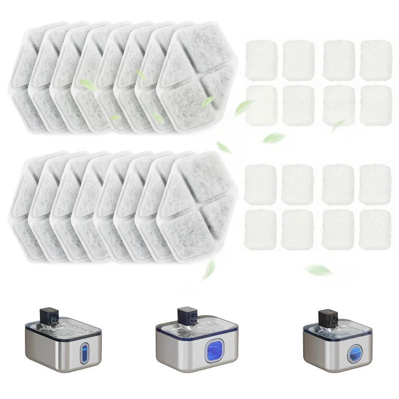 PawHut 16 pcs Filtre Fontaine Eau Chat, Distributeur d'Eau filtrante pour Chat et Chien, Triple Système de Filtration, Blanc
