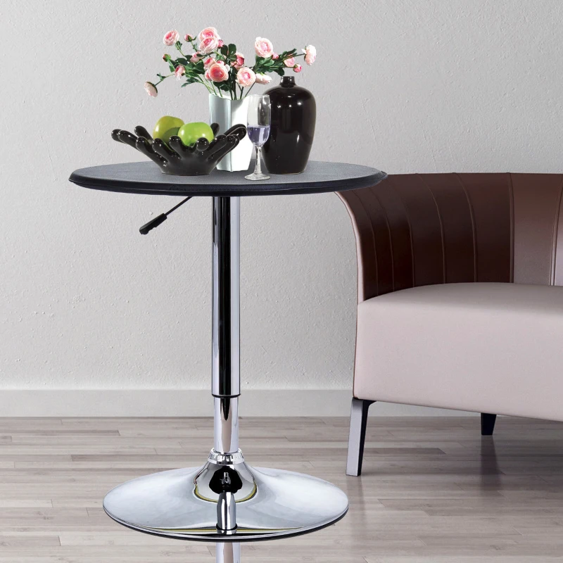 HOMCOM Adjustable Round Bistro Bar Table with PVC Leather Top Steel Base Home Kitchen Dining Desk  Black