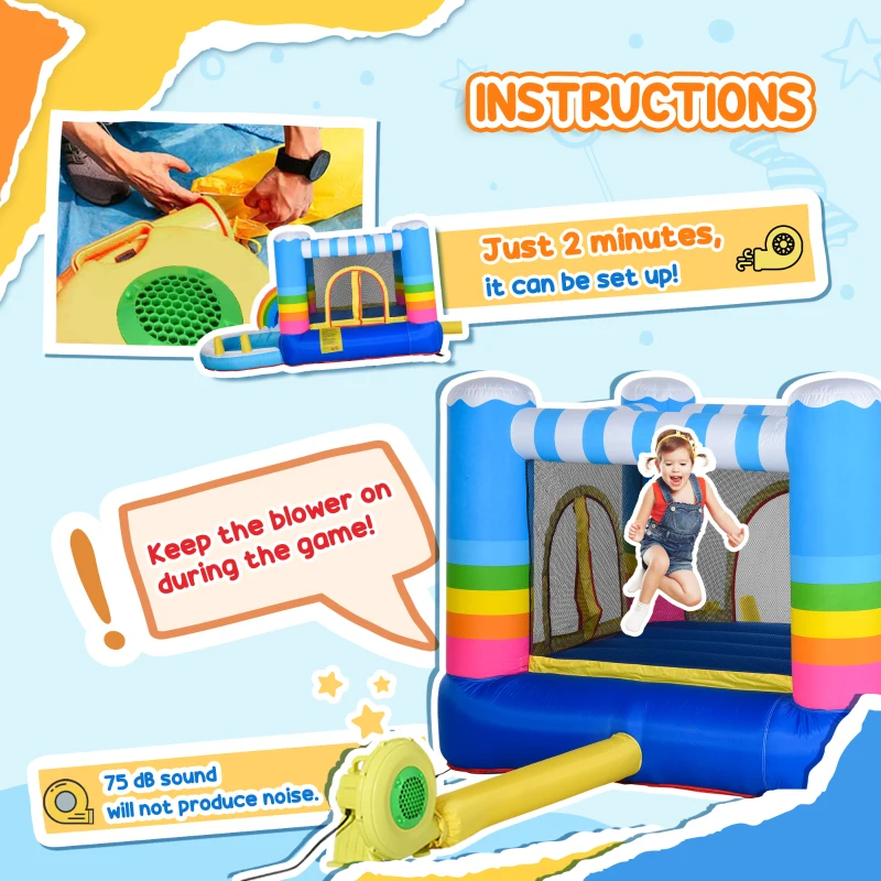 Outsunny Kids Rainbow Bouncy Castle & Pool House Inflatable Trampoline w/ Blower Pump