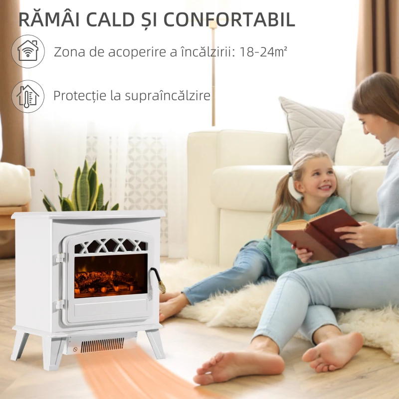 Homcom Soba Electrica de Sol cu Efect Flama Reglabila 1800W, Alb, 51x31x56cm