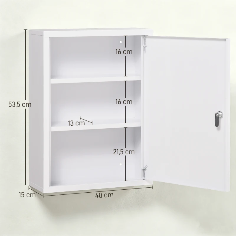 kleankin Medizinschrank, 3 Fächer, abschließbare Tür, stabiles Stahlgehäuse, weiß, 40 x 15 x 53,5 cm