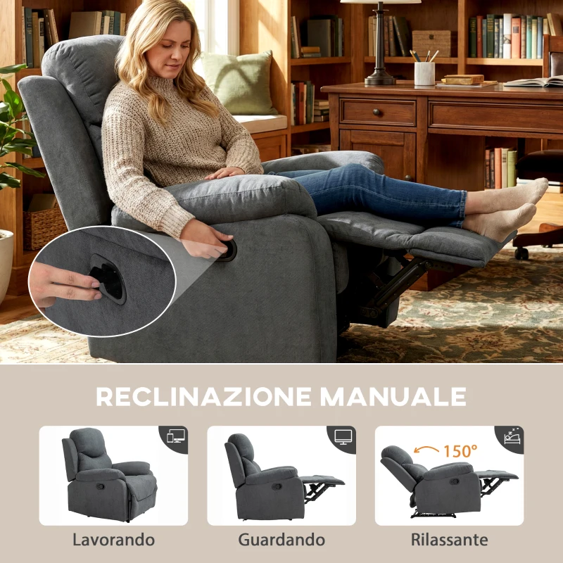 HOMCOM Poltrona Relax Reclinabile Manualmente a 150° con Poggiapiedi in Tessuto, 93x88x102cm, Grigio Scuro