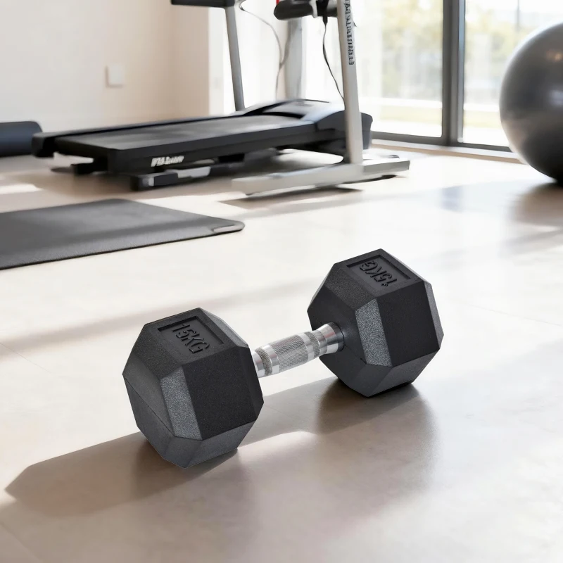 HOMCOM 15KG Single Rubber Hex Dumbbell Portable Hand Weights Dumbbell Home Gym