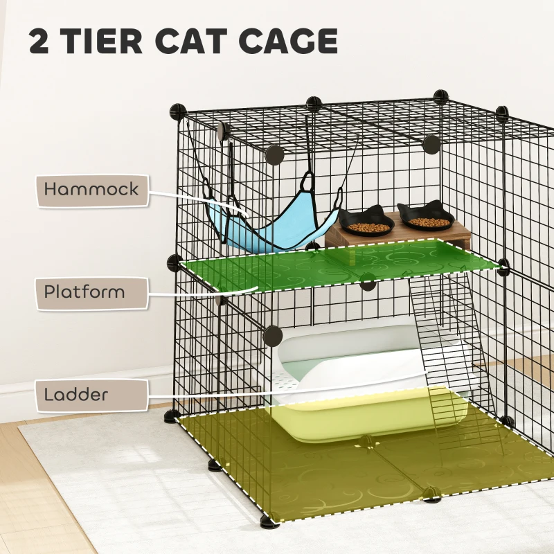 PawHut Indoor Cat Cage DIY Customizable 2-Tier Indoor Cat Enclosure with 2 Doors and Hammock 70 cm Black