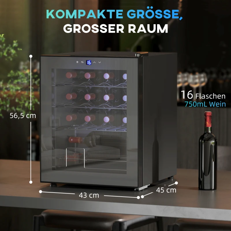 HOMCOM Freistehender Weinkühlschrank, 16 Flaschen, für Hausbar, Wohnzimmer, Küche Touchscreen, Glastür, LED-Beleuchtung