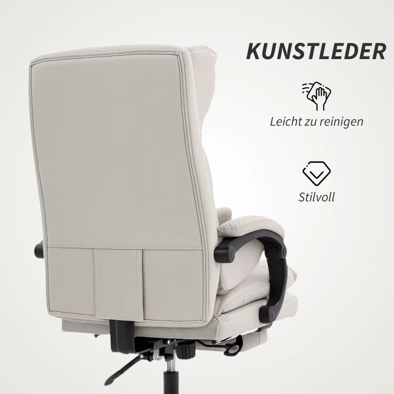 HOMCOM Bürostuhl Höhenverstellbarer Schreibtischstuhl mit Lendenwirbelstütze, Armlehne, Fußstütze, aus Kunstleder, Hellgrau