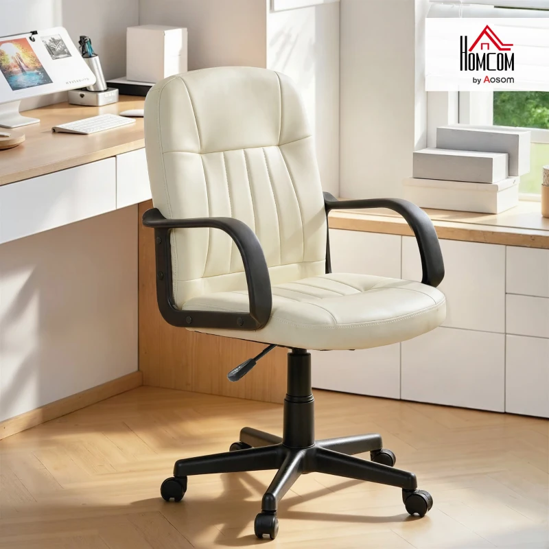 HOMCOM Executive Office Chair for Home, Mid Back PU Leather Computer Desk Chair for Adults with Arm, Wheels, Cream