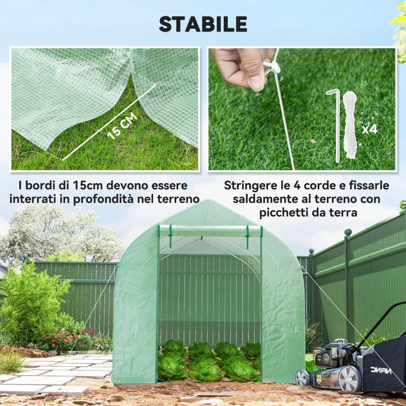 Outsunny Serra a Tunnel Anti-UV con 6 Finestre a Rete e Ingresso Arrotolabile, in Metallo e PE, 4x2x2 m, Verde