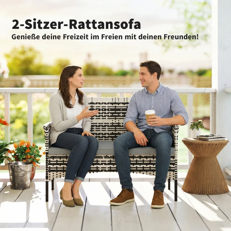 Outsunny 2-Sitzer Rattan Gartensofa PE-Rattan Outdoor-Terrassen-Sofa mit Polster, Anti-Rutsch-Matten, Stahlrahmen, Hellgrau