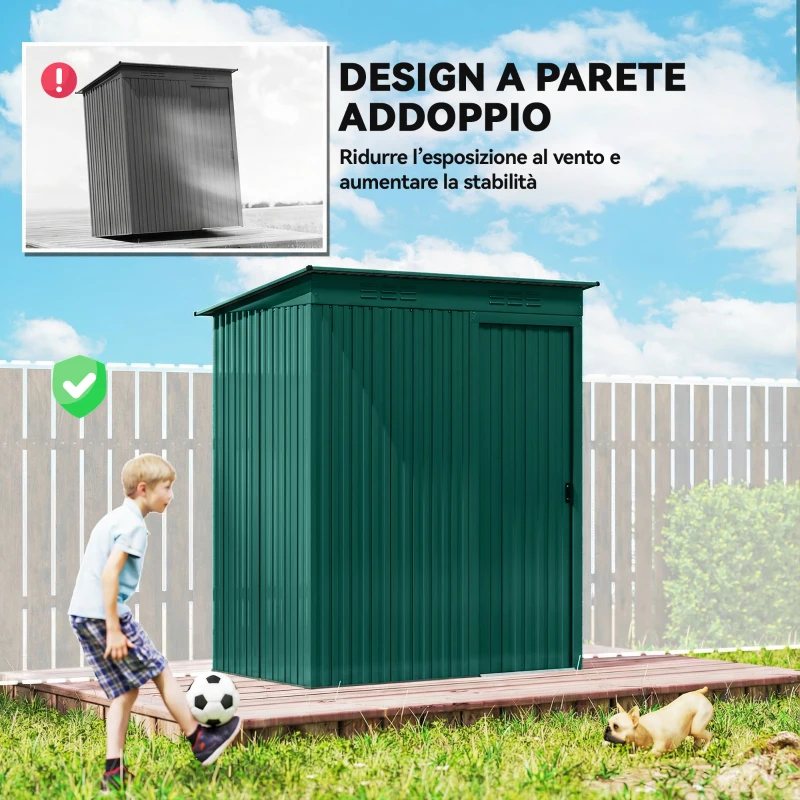 Outsunny Casetta da Giardino in Metallo con Prese d'Aria e Porta Scorrevole, 159x106x181 cm, Verde