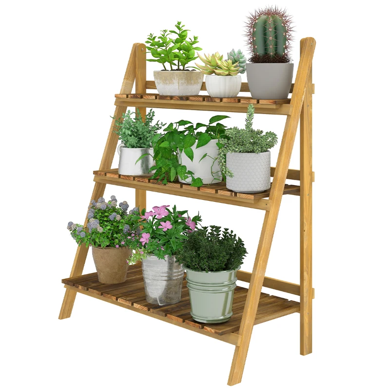 Outsunny Soporte para Plantas de Madera de 3 Niveles Estantería para Plantas Plegable Soporte para Macetas 80x37x93 cm Natural