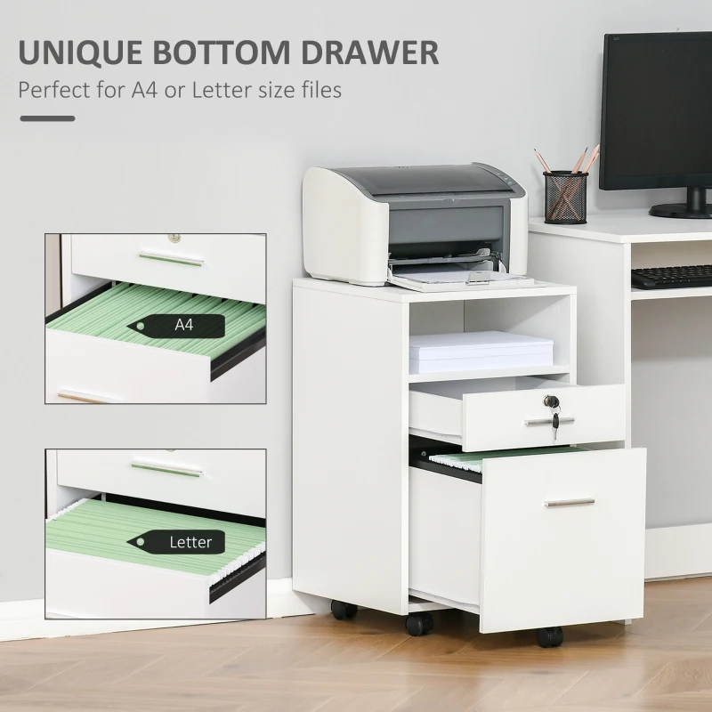 Vinsetto Mobile File Cabinet, Lockable Filing Cabinet with Wheels, Drawers and Open Compartment for Home Office, White