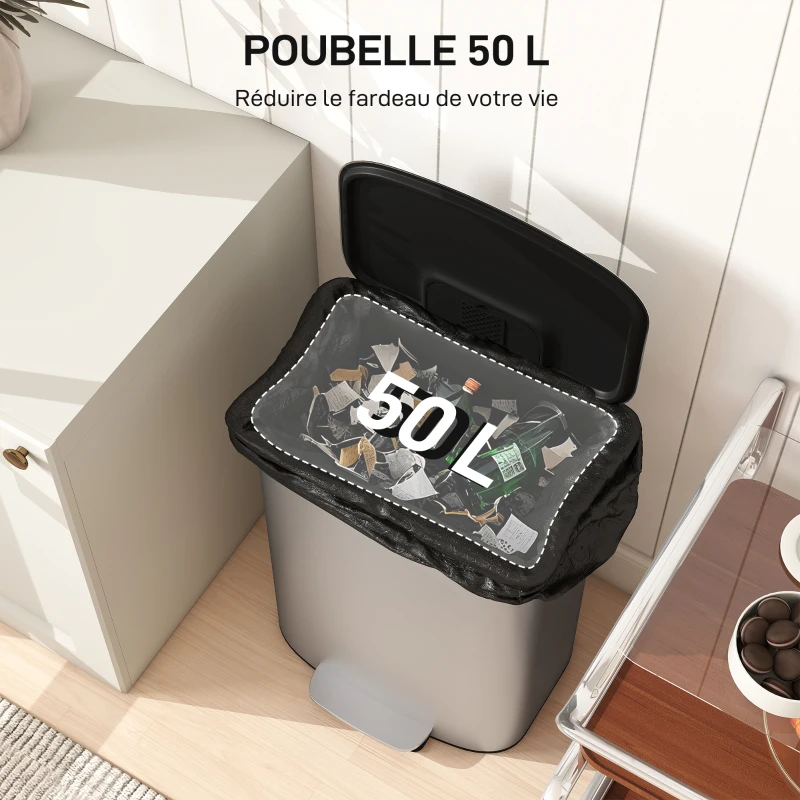 HOMCOM Poubelle cuisine 50L, poubelle à pédale, seau intérieur amovible, couvercle à fermeture douce, 45,1x36,5x62,6cm, gris
