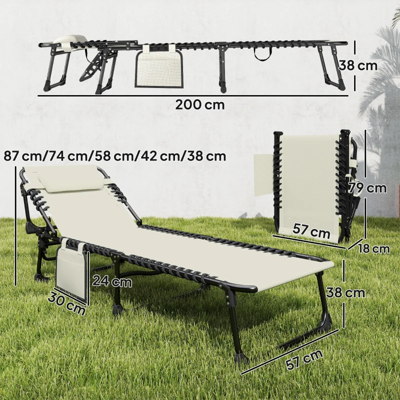 Outsunny Conjunto de 2 Espreguiçadeiras Jardim Dobráveis com Apoio de Cabeça e Encosto Reclinável em 5 Posições 200x57x38 cm Creme