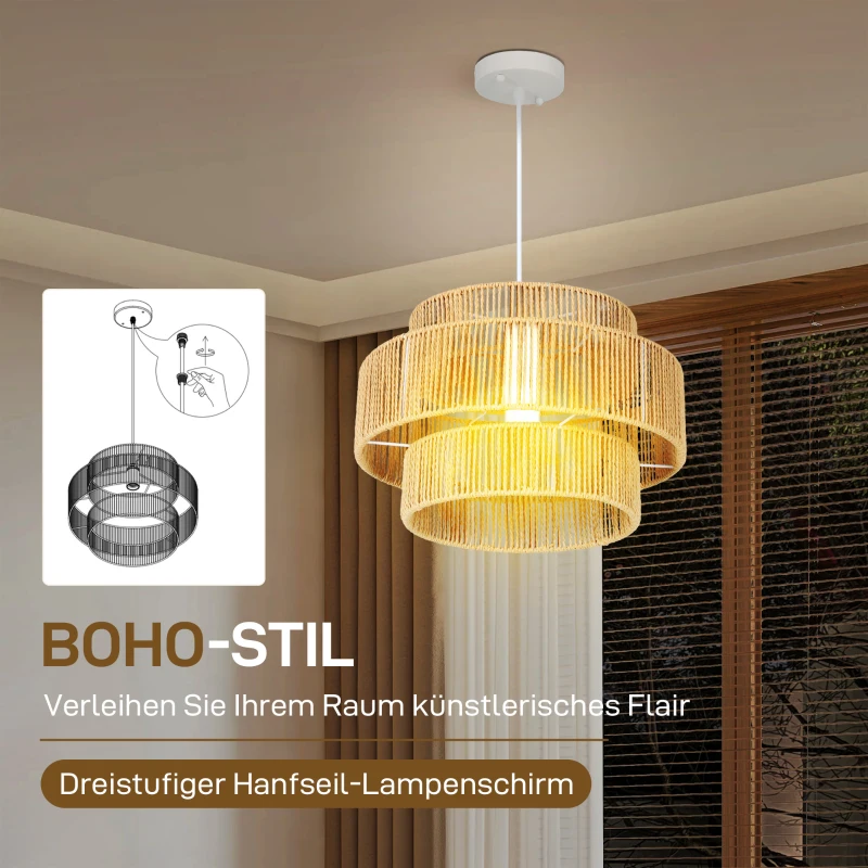 HOMCOM Hängelampe, 3-stufiger Lampenschirm, Metall, Hanfseil, Hellbraun