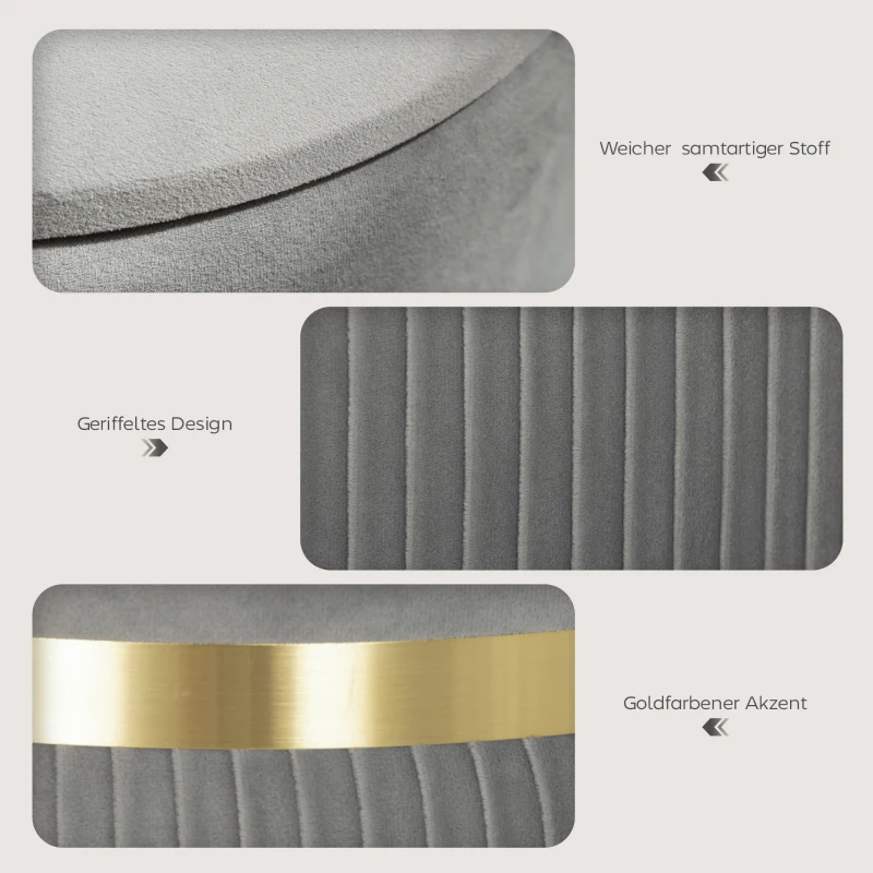 HOMCOM Runder Aufbewahrungshocker, Samtbezogener Hocker mit Abnehmbarem Deckel, Gepolsterter Sitz und Verstecktem Stauraum, Hellgrau