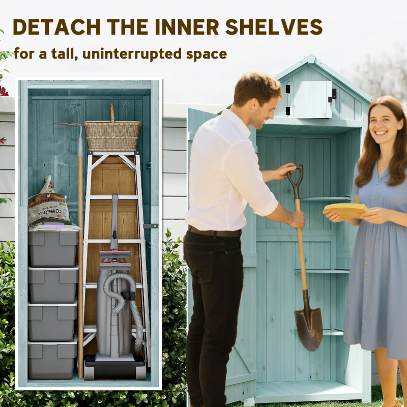 Outsunny Garden Shed Vertical Utility 3 Shelves Shed Wood Outdoor Garden Tool Storage Unit Storage Cabinet, 77 x 54.2 x 179cm - Blue