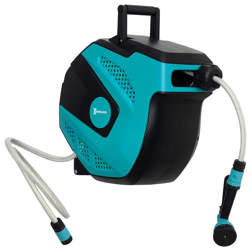 DURHAND 15m Garden Hose Reel Wall Mounted Auto Rewind with 7 Patterns Spray Nozzle, Includes Wall Fixings