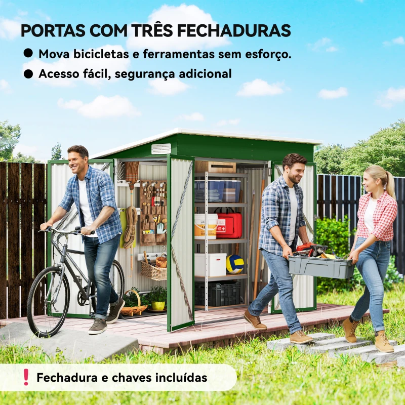 Outsunny Abrigo de Jardim Exterior 2,7 m² 234x132x185 cm com Três Portas Fechadura e Grelhas de Ventilação Verde