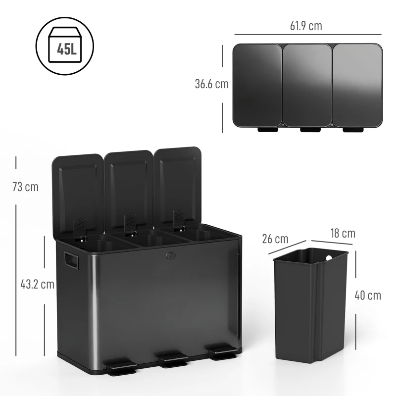 HOMCOM 3 x 15L Pedal Bin, Steel Triple Kitchen Bin with Soft Close Lid, Removable Inner Buckets, Fingerprint-Proof, Black