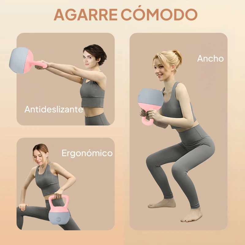 SPORTNOW Pesa Rusa 10 kg Kettlebell Relleno de Arena Metálica Mango Antideslizante para Entrenar en Casa 21x21x30cm Rosa y Gris