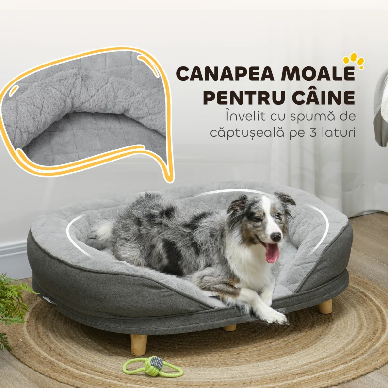PawHut Canapea pentru câini cu tapițerie, pat pentru câini de talie mare și medie până la 25kg, 90x78x25cm, gri