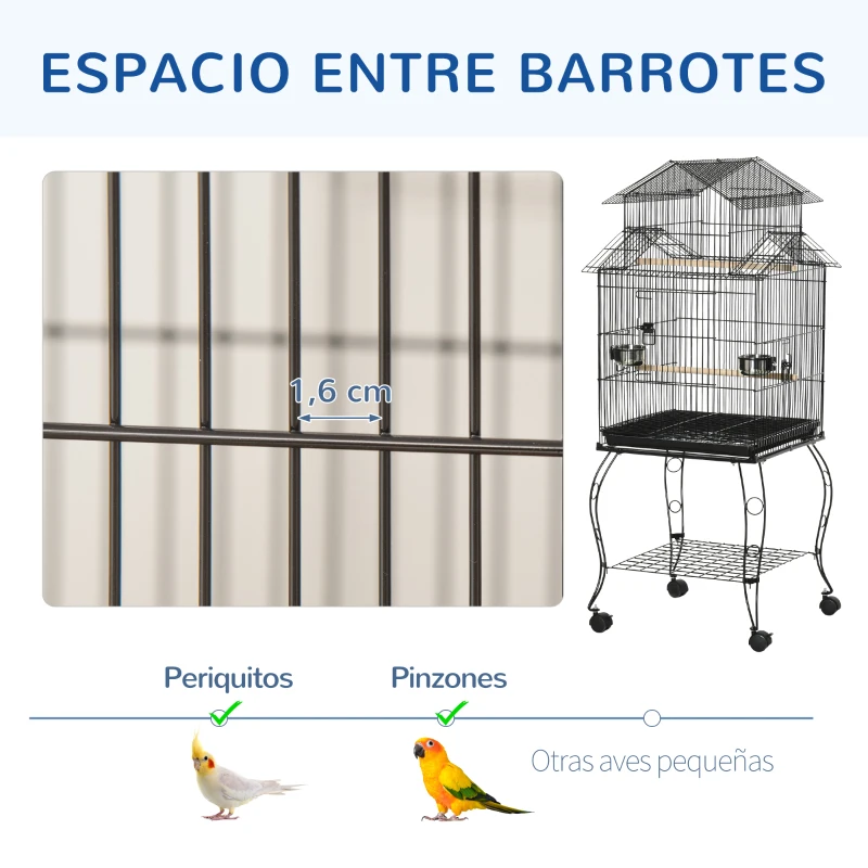 PawHut Jaula para Pájaros con Ruedas Pajarera con Soporte y Estante para Cacatúa ninfa Cotorra del Sol 50x49x137 cm Negro