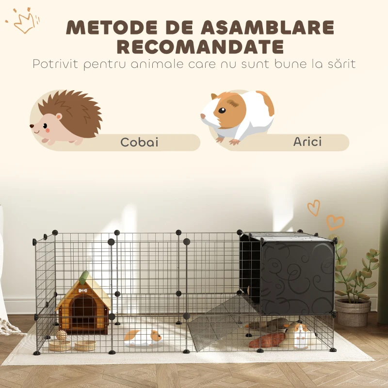 PawHut Cușcă pentru Animale Mici Modulară cu Căsuțe Ridicate pentru Porcușori de Guineea și Arici, Negru