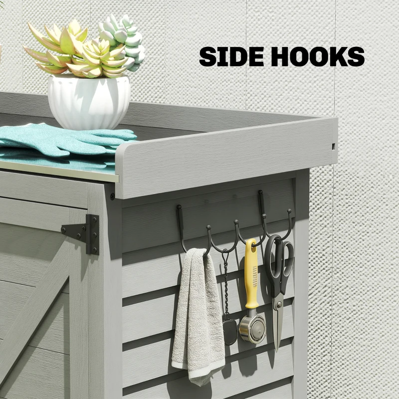 Outsunny Wooden Garden Shed, Garden Tool Storage Shed with Shelf and Side Hooks, 71.5 x 39 x 95 cm, Grey