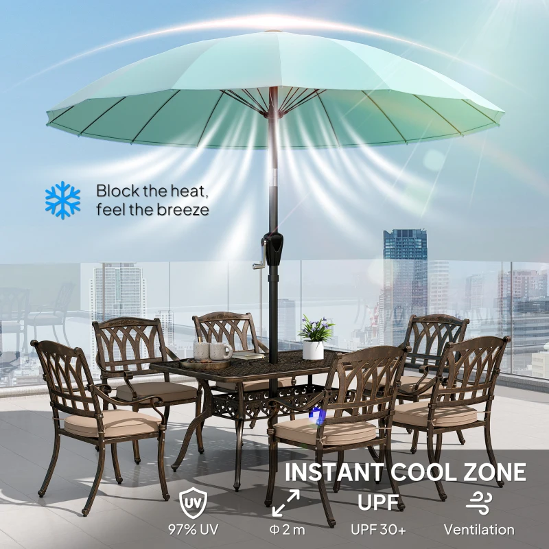 Outsunny 2 m Shanghai Garden Parasol Umbrella with 16 Fibreglass Ribs, Outdoor Parasol Sun Shade with Crank & Tilt, Turquoise