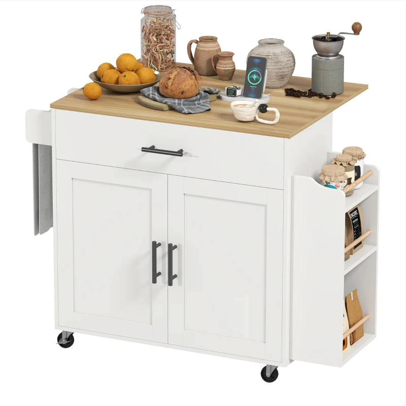 HOMCOM Kücheninsel, Küchenwagen auf Rollen, mit abklappbarer Arbeitsplatte, Schublade, Ablage, 120 x 68 x 85 cm, Weiß