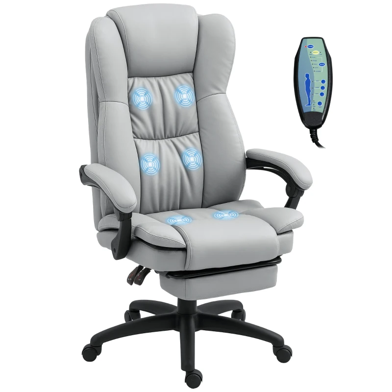 Vinsetto Silla de Oficina con 6 Puntos de Masaje Vibratorio con Altura Ajustable Respaldo Reclinable y Reposapiés Retráctil Gris
