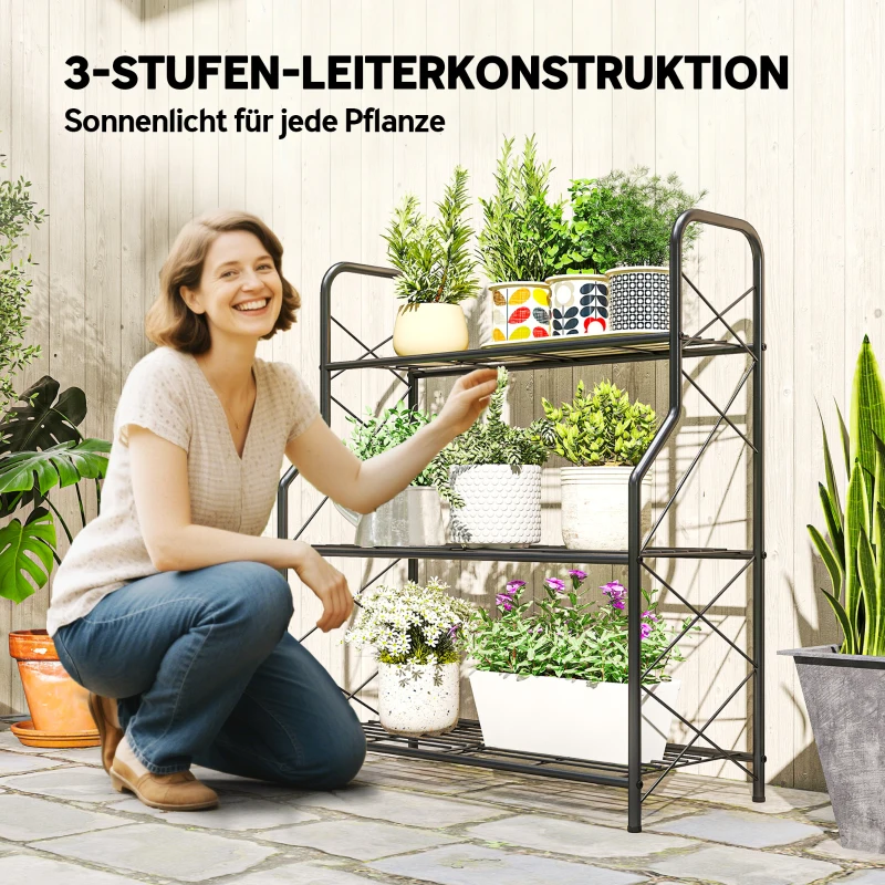 Outsunny 3-Etagen Pflanzenständer, 78 cm hoch Blumenständer mit Griffe, Pflanzenregal aus Metall Schwarz