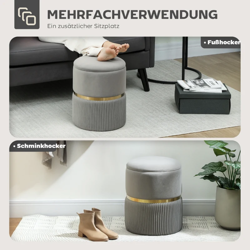 HOMCOM Runder Aufbewahrungshocker, Samtbezogener Hocker mit Abnehmbarem Deckel, Gepolsterter Sitz und Verstecktem Stauraum, Hellgrau