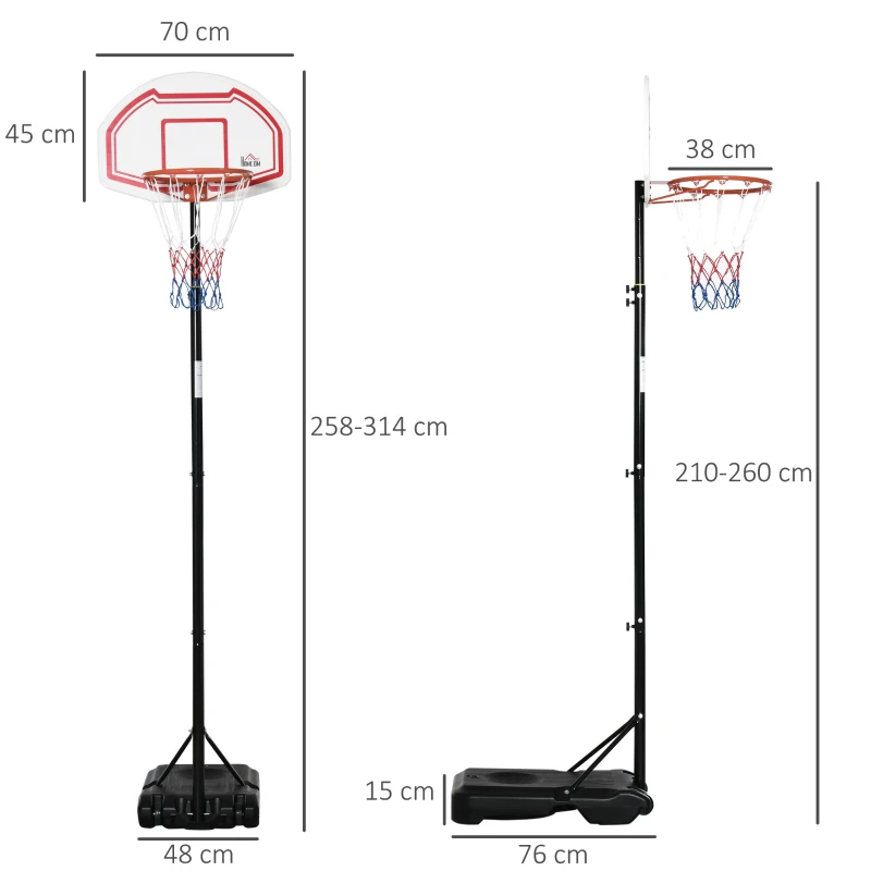 HOMCOM Portable Basketball Hoop Stand, Outdoor Basketball System, Adjustable Height from 210-260 cm with Wheels, Stable Base, Red