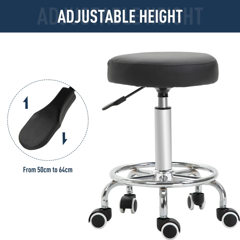 Vinsetto Swivel Round PU Leather Salon Stool Adjustable Rolling Stool with Footrest Steel Frame for Barber Hairdresser Spa Seat Black