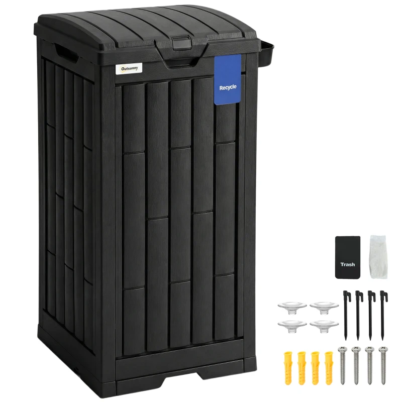 Outsunny 110 L Outdoor Bin with Dual Lid, Waterproof Plastic Trash Bin with Ashtray and Drip Tray, Garden Waste Trash Bin, Black