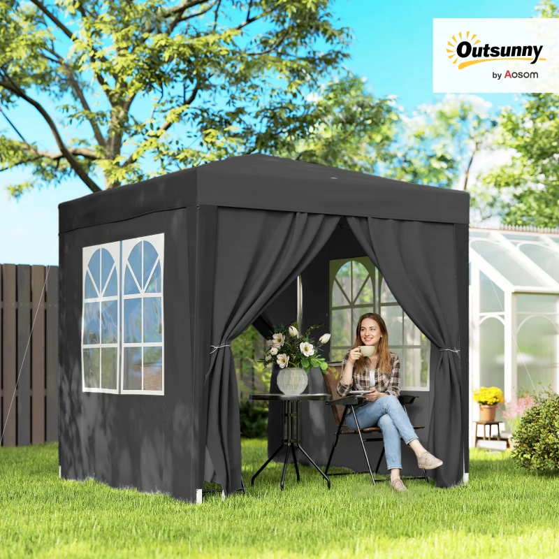 Outsunny 2 x 2 m Garden Pop Up Gazebo, Wedding Party Tent Marquee, Water Resistant Awning Canopy with Sidewalls, Windows, Carry Bag, Black(m-2)