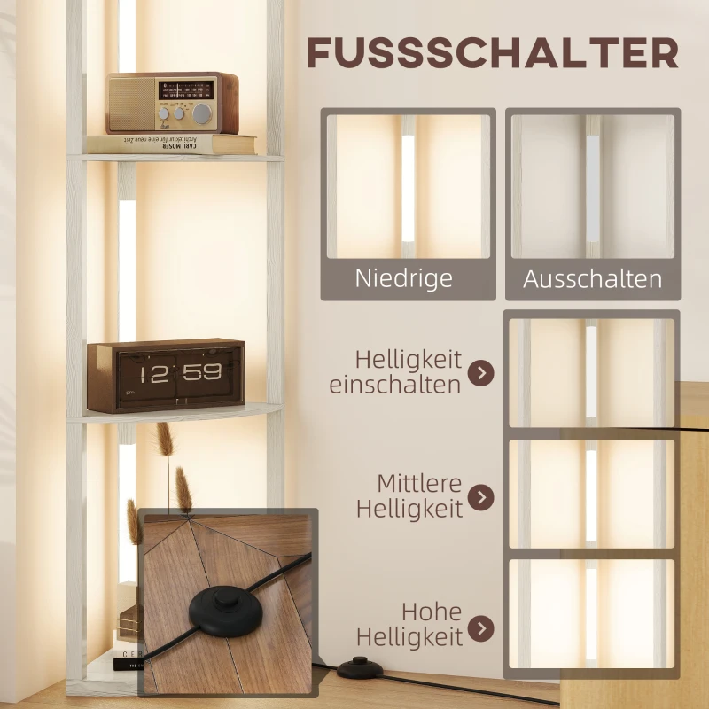 HOMCOM LED Standleuchte, Eckregal, dimmbar, 4 Ablagen, warmweißes Licht, 41x30x164cm, Eiche