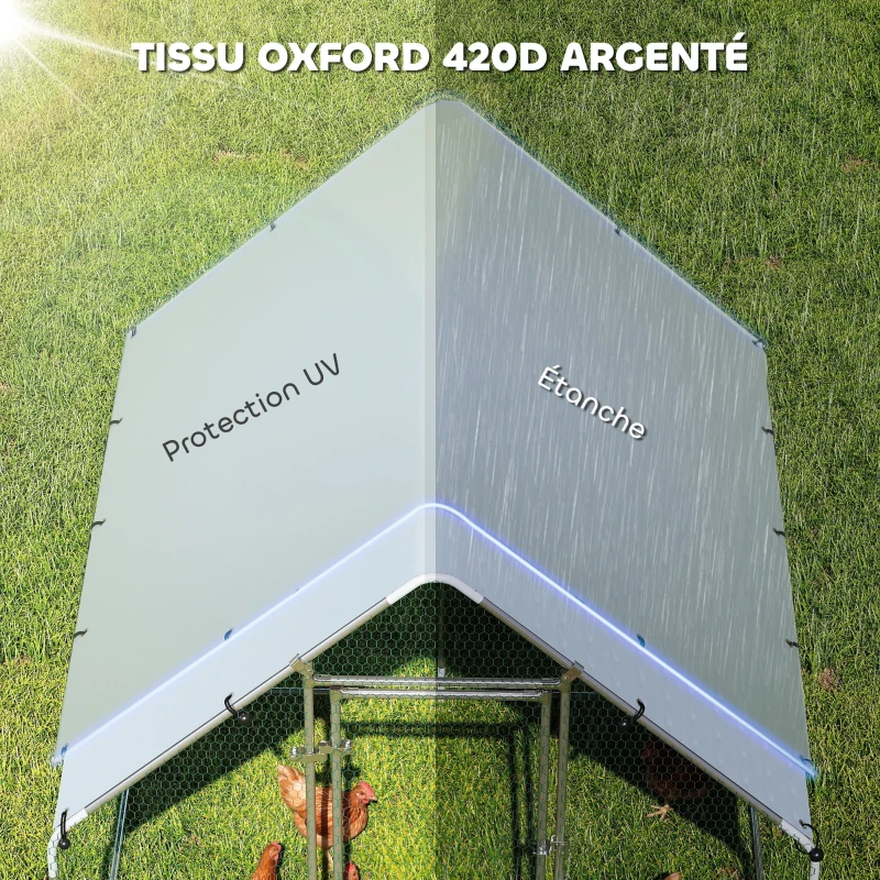PawHut Enclos poulailler extérieur 4 m², parc grillagé - acier galvanisé Ø19mm - bâche Oxford 420D anti-UV 200x200x200cm argent