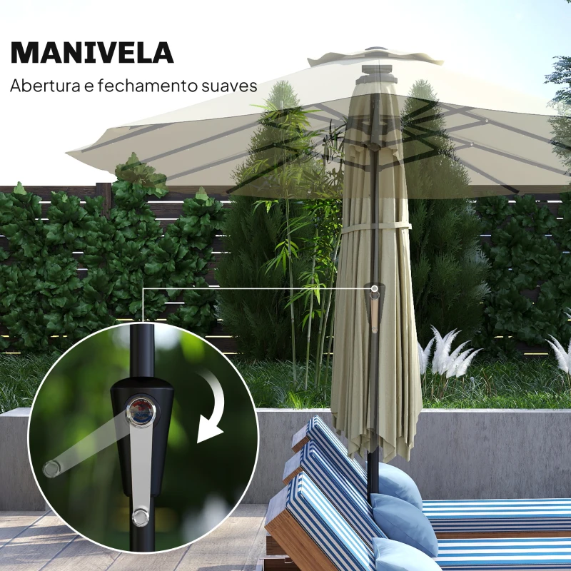 Outsunny Chapéu de Sol Duplo com 36 Luzes LED Solares 4x2 m Manivela UPF50+ Chapéu de Sol para Jardim Bege