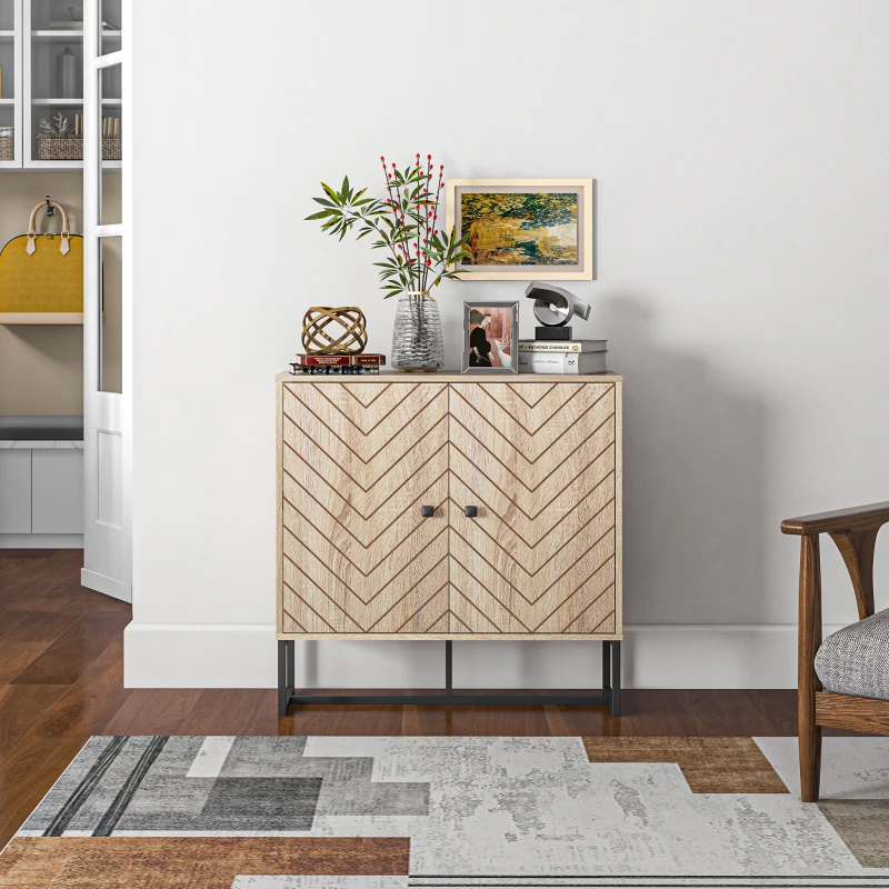 HOMCOM Storage Cabinet, Kitchen Cupboard with Chevron Double Doors, Adjustable Shelf and Metal Frame