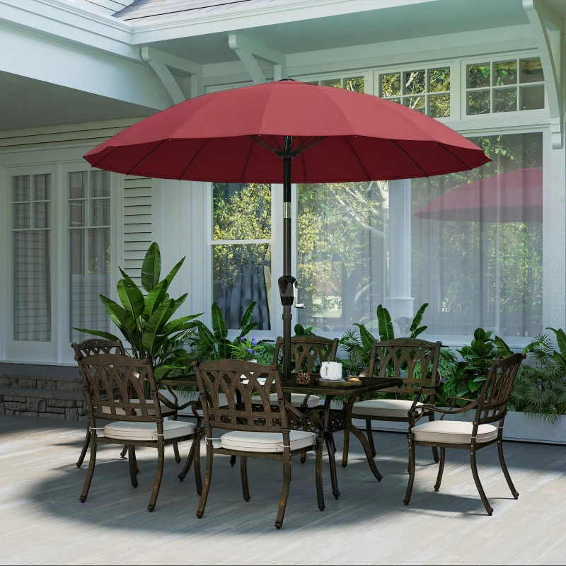 Outsunny 2 m Shanghai Garden Parasol Umbrella with 16 Fibreglass Ribs, Outdoor Parasol Sun Shade with Crank & Tilt, Wine Red