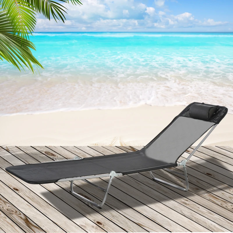 Outsunny Outdoor Foldable Sun Lounger, Garden 6 Level Adjustable Backrest Recliner Sun Lounger Chair with Headrest Pillow, Black